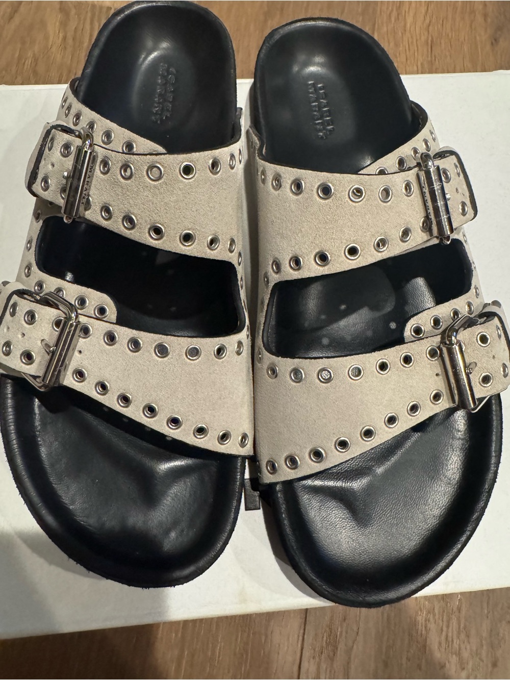 Isabel Marant Lennyo Eyelet Suede Double-Buckle Slide Sandals - Beige Sz 39 - Picture 2 of 8